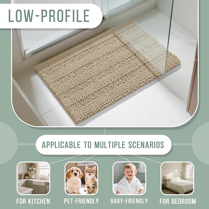 Yimobra Bathroom Rug Mat 47 x 24, Non Slip and Super Absorbent Bath Mat,Machine Washable Quick Dry,Ultra Plush Chenille Shower Rugs for Bathroom Floor Sink Tub and Shower Outside,Camel