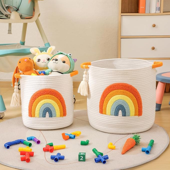 Toy Storage Baskets Woven Cotton Rope Storage Basket Kids Blanket Baskets for Living Room, Toys Organizer with Embroidery Colorful Rainbow Decor, Baby Basket for Laundry Nursery (Boho Rainbow)