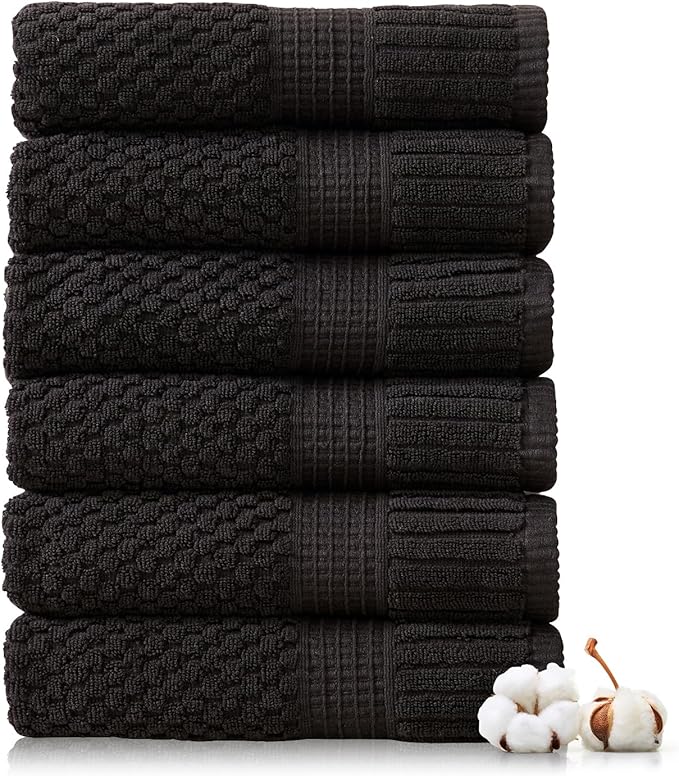 NY Loft 100% Cotton 6-Pack Hand Towel Set | Black | Oeko-TEX | Quick-Dry | Six 16" x 28" Hand Towels | Super Absorbent | Designer-Styled Texture