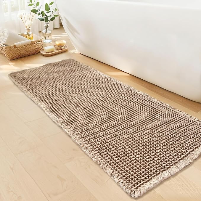 Waffle Runner Bath Mat - Long Boho Bathroom Rugs Non Slip Washable, Super Absorbent & Quick Dry, Soft Bath Mat Farmhouse Bathroom Decor, 24'' x 72'', Khaki
