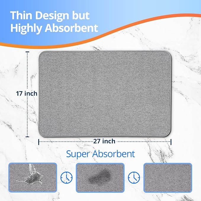 Bath Mat Non-Slip, Ultra Thin Bathroom Rugs with Rubber Backing, Absorbent,Quick Dry Machine Washable, Home Decor Accessories Cozy Cloth Bathroom Rugs fit Under Door/Sink/Tub/Shower,Gray,17x27 Inch