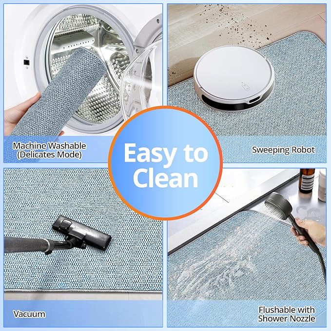 Upgraded Bath Mat 19x30Inch, Thin Bath Mats Rugs with Rubber Backing Non-Slip, Absorbent,Quick Dry Machine Washable, Home Decor Accessories Cozy Cloth Bathroom Rugs fit Under Door/Sink/Tub/Shower-Blue