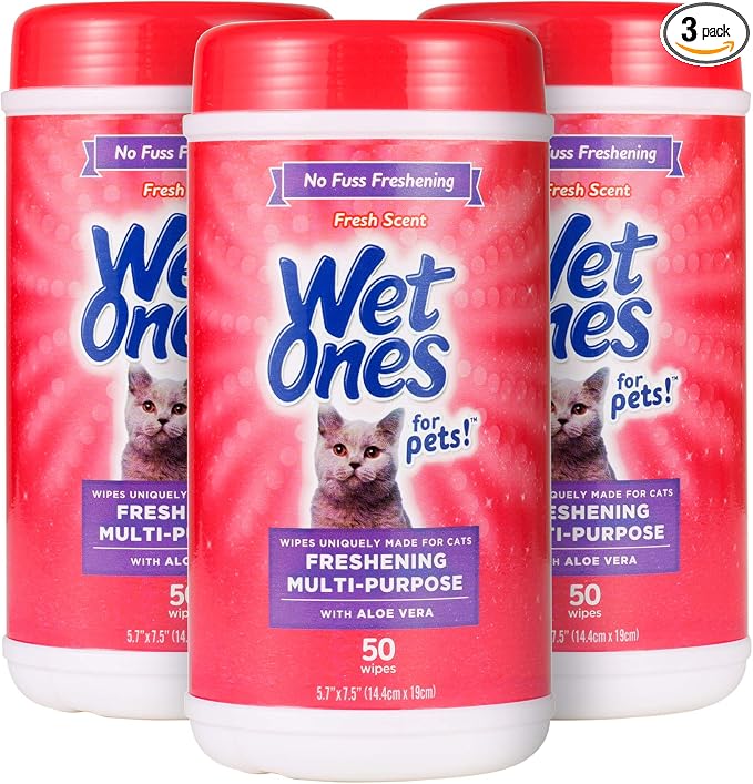 Wet Ones for Pets Freshening Multipurpose Wipes for Cats with Aloe Vera, Fresh Scent - Easy to Use Cat Cleaning Wipes for Pet Grooming in Canister, 50 Count - 3 Pack