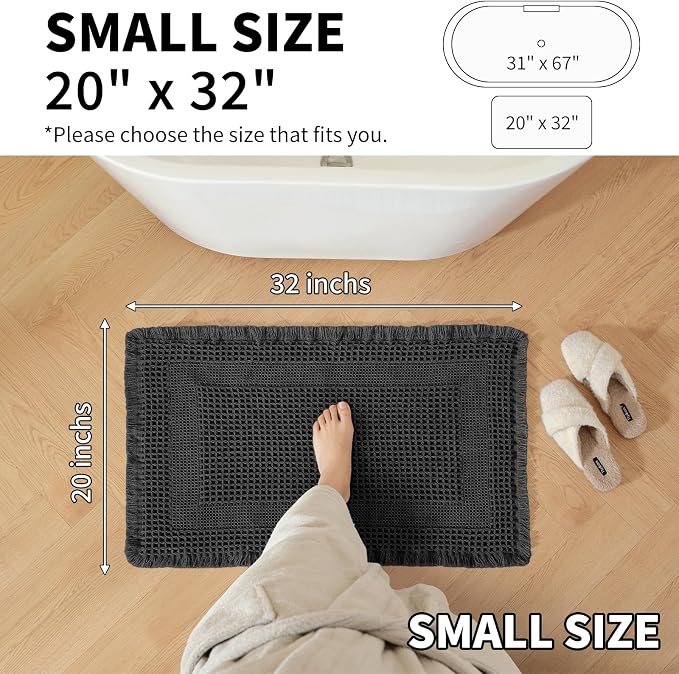 Waffle Bath Mat - Super Water Absorbing Bath Mat Quick Dry, Bathroom Rugs Non Slip Washable with Tassels, Rubber Backed Bathroom Mat for Bathroom Floor, Tub and Shower, 20" x 32", Black