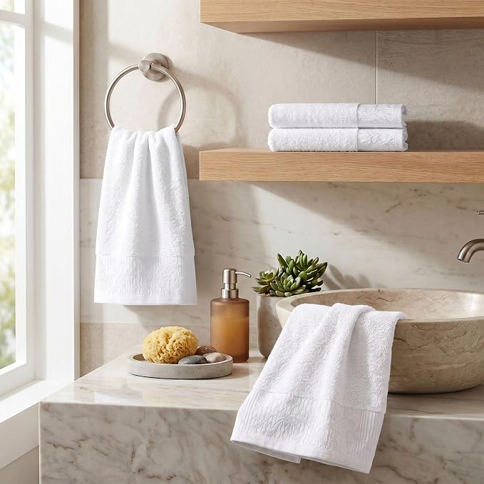 Superior Floral Jaquard Cotton Hand Towels, 4 Pack Towel Set, White-White | 0