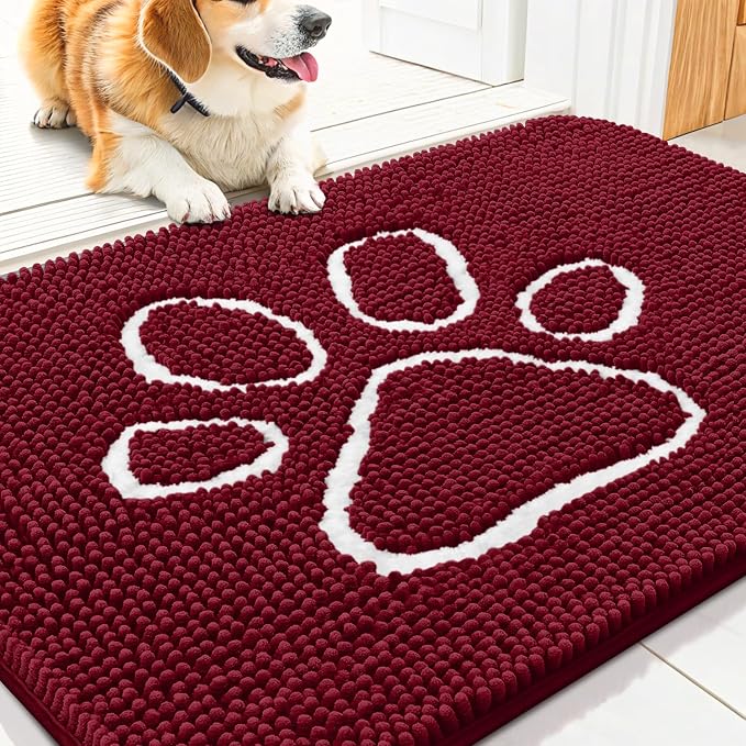 Smiry Dog Door Mat for Muddy Paws, Absorbent Dirt Trapper Non Slip Quick Dry Washable Chenille Mat for Mud Dogs, Entry Rug for Indoor and Outdoor (30x20 Inches, Burgundy and White)