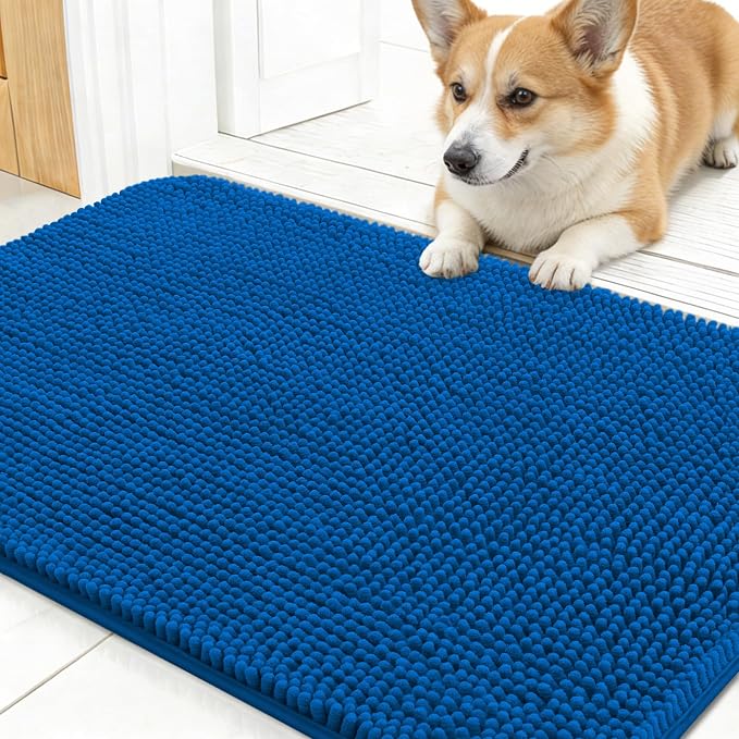 OLANLY Dog Door Mat for Muddy Paws 30x17, Absorbs Moisture and Dirt, Absorbent Non-Slip Washable Doormat, Quick Dry Chenille Mud Mat, Entry Indoor Entryway Carpet for Inside Floor, Deep Navy Blue