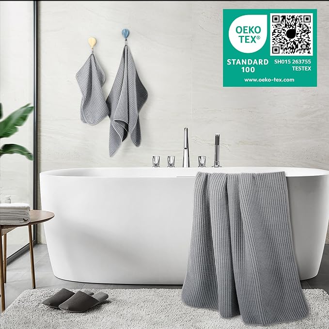 POLYTE 430 GSM Microfiber Quick Dry Lint Free Oversize Bath Towel Set, 6 Piece (Waffle Weave)