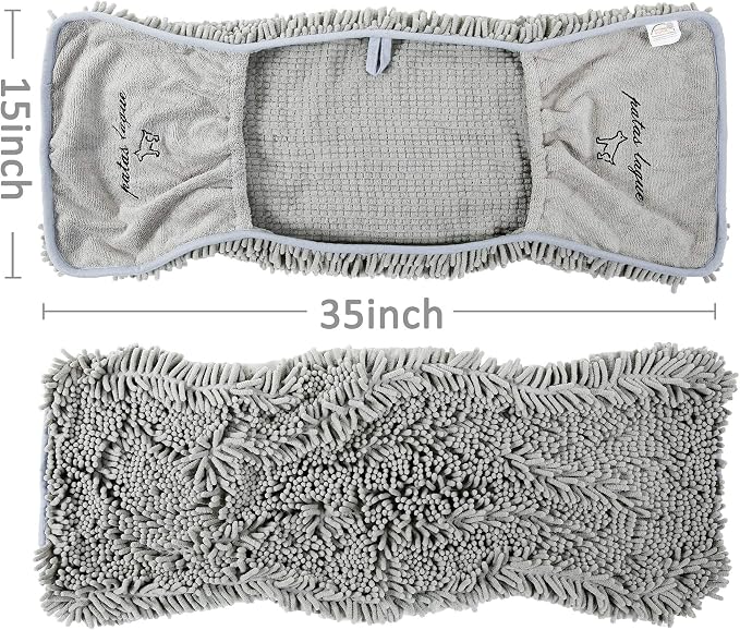 Patas Lague 2 Pack Absorbent Dog Towel for Drying Dogs Large, 35''x15'' Extra Large Microfiber Quick Drying Pet Bath Towel with Hand Pockets, Machine Washable Pet Shammy Grey Pink