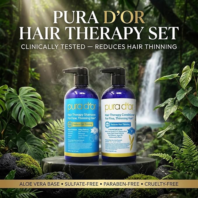 PURA D'OR Hair Thinning Therapy Biotin Shampoo & Hair Regrowth Conditioner Set, CLINICALLY TESTED Effective Results, Hair Thickening Products For Women & Men, Herbal Scent, Color Safe, 16oz x2