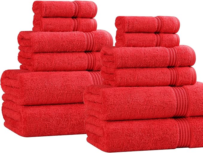 Superior Egyptian Cotton 12-Piece Towel Set, Assorted Towels for Home Bathroom, Master, Guest Bath, Decor Essentials, Includes 4 Bath, 4 Hand, 4 Face Towels/Washcloths, Quick Dry, Absorbent, Red