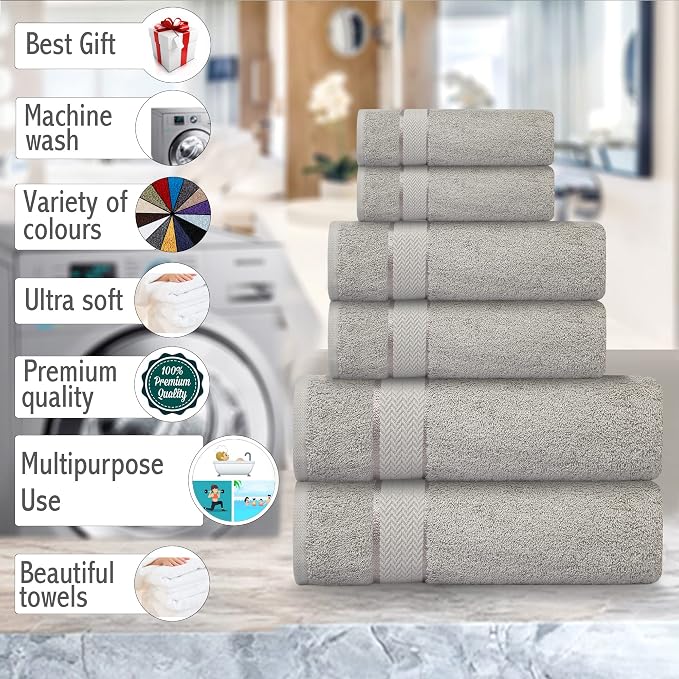 Bath Towels Set-100% Cotton-2 Bath Towels, 2 Hand Towels & 2 Washcloths-Large, Quick Dry, Absorbent, Plush, Soft-Home, Spa, Hotel, Shower Towels - 6 Piece Luxury Bathroom Towels - Silver / Light Grey