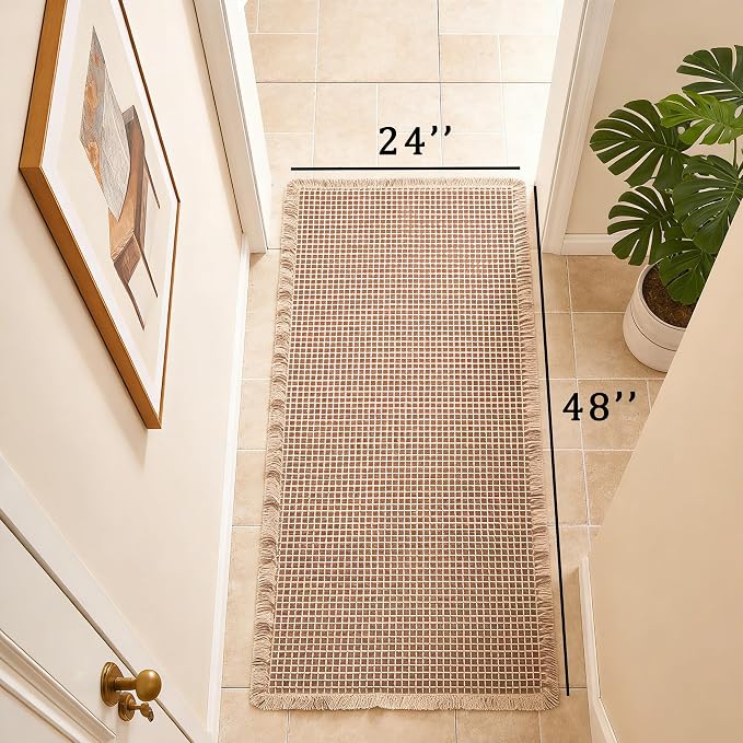 Waffle Bath Mat Non Slip, Boho Runner Rug, Super Absorbent Quick Dry Long Bath Runner Bathroom, Soft Farmhouse Bath Rug with Tassels, Washable Shower Mats for Floor 24"x48", Brown