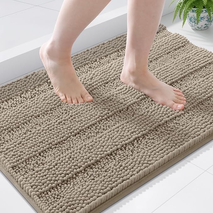 Grandaily Chenille Striped Bathroom Rugs 44x24, Extra Thick and Soft Absorbent Bath Mats, Rubber Backing, Plush Shaggy Shower Carpet, Machine Wash Dry, Bath Rug for Bathroom, Warm Taupe