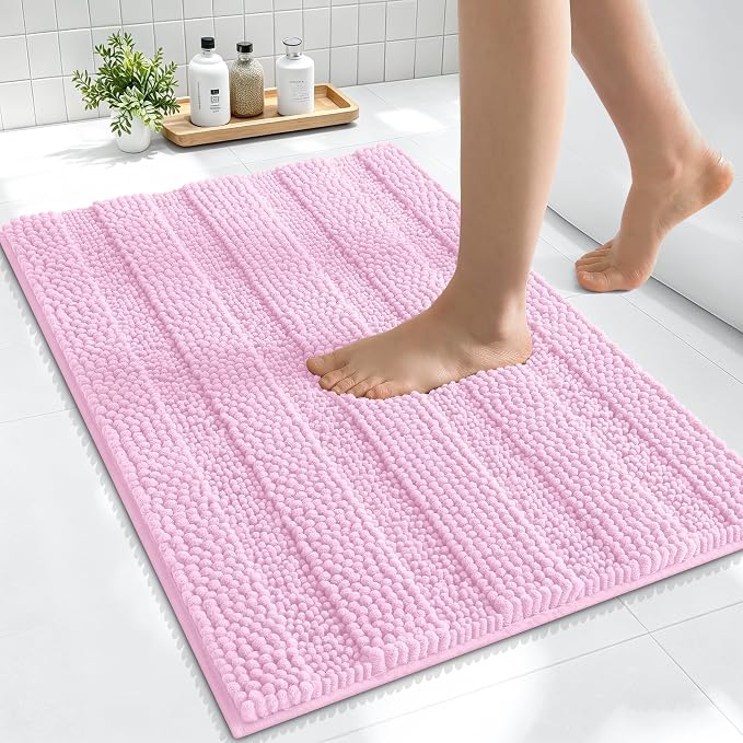 Smiry Thick Small Chenille Bathroom Rugs 24x16, Extra Soft Absorbent Striped Bath Mat, Machine Washable, Rubber Backing, Bath Rugs for Bathroom, Tub & Shower, Modern Home Decor Accessories, Pink