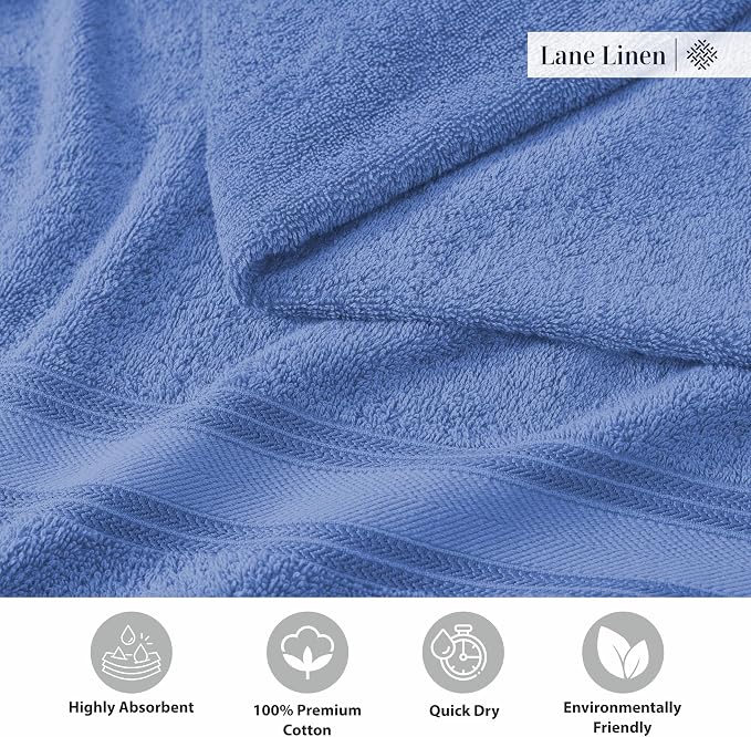 LANE LINEN Luxury Bath Towels Set - 3 Piece Set, 100% Cotton Bathroom Towels, Zero Twist, Quick Dry Shower Towels, Soft & Absorbent Bath Towel, 1 Bath Towel, 1 Hand Towel, 1 Washcloth - Cerulean Blue