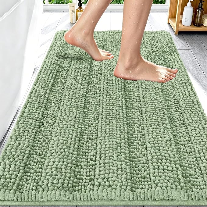 Smiry Thick Chenille Bathroom Rugs 30x20, Extra Soft Absorbent Striped Bath Mat, Machine Washable, Rubber Backing, Bath Rugs for Tub & Shower, Modern Home Decor Accessories, Sage Green