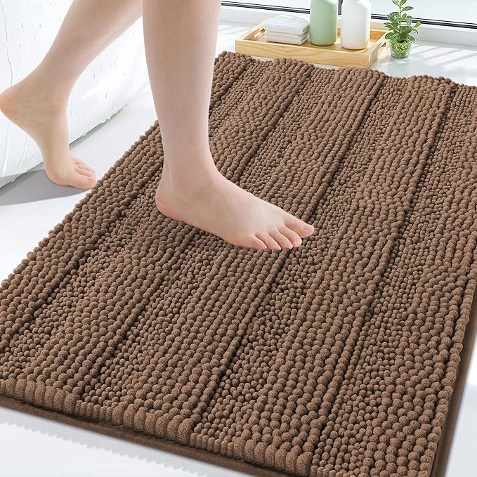 Grandaily Chenille Striped Bathroom Rugs 30x20, Extra Thick and Soft Absorbent Bath Mats, Rubber Backing, Plush Shaggy Shower Carpet, Machine Wash Dry, Bath Rug for Bathroom, Mocha