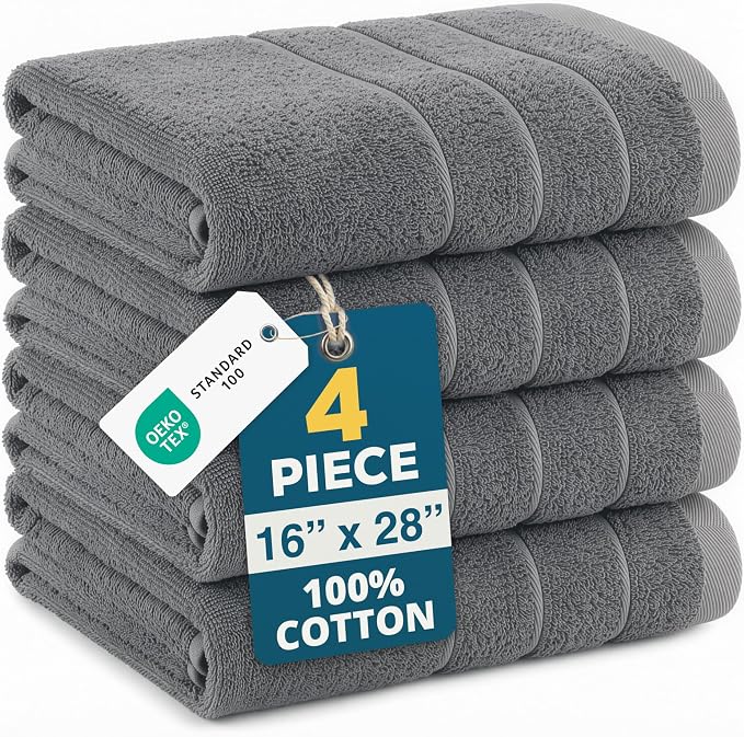 CASA PLATINO Hand Towels for Bathroom - 4 Pack (16"x26"), 100% Cotton Face Towel Set - Soft, Fade & Shrink Resistant - Hotel & Spa Inspired Hand Towels for Bathroom for Modern Family Homes - Cool Grey