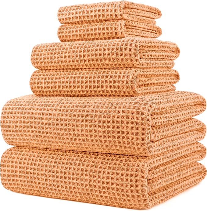 POLYTE 430 GSM Microfiber Quick Dry Lint Free Oversize Bath Towel Set, 6 Piece (Waffle Weave)