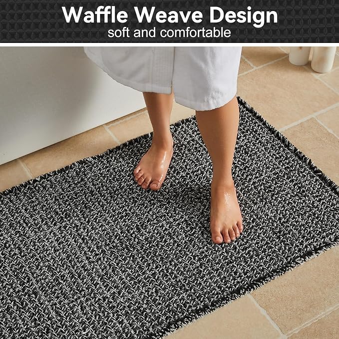 Triohero Waffle Bath Mat, Boho Bathroom Rugs Non Slip Washable, Ultra Soft Super Absorbent Quick Dry Farmhouse Bathroom Decor, 24" x 36", Black & White