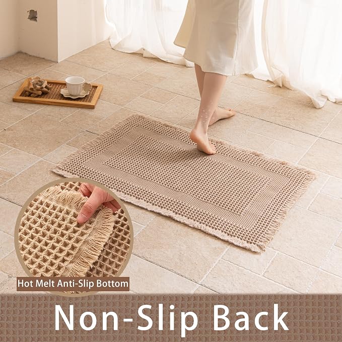 Waffle Bath Mat Non Slip, Boho Bathroom Rug, Super Absorbent Quick Dry Bathroom Mat, Soft Farmhouse Bath Rug with Tassels, Small Washable Shower Mats for Floor 16"x24", Square Brown