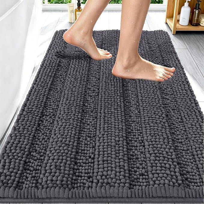 Smiry Thick Chenille Bathroom Rugs 30x20, Extra Soft Absorbent Striped Bath Mat, Machine Washable, Rubber Backing, Bath Rugs for Tub & Shower, Modern Home Decor Accessories, Dark Grey