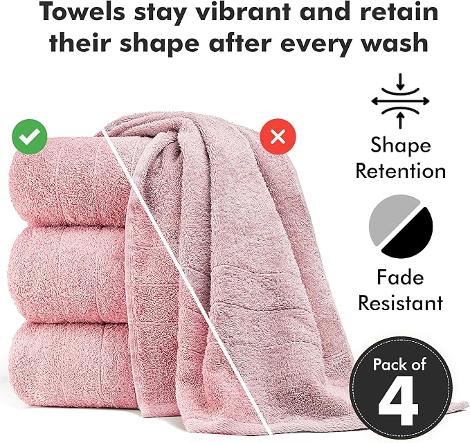 Bath Towels Set of 4 – 100% Ring Spun Cotton Baby Pink Extra Large Towels for Bathroom, Spa Use (55x28 in) – 550 GSM Super Soft and Quick Dry Large Bath Sheets for Adults