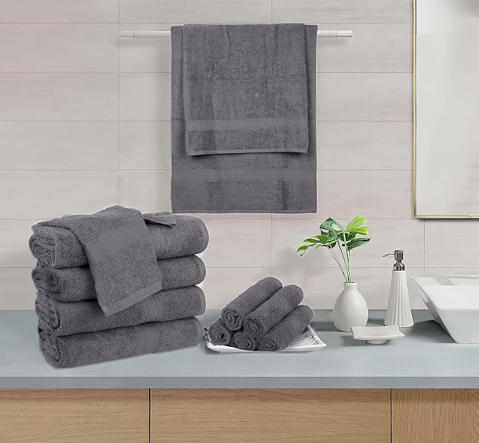 Hillfair 24 Piece Bath Towel Set - 100% Cotton - 2 XXL, 4 Bath, 6 Hand, 4 Fingertip, 8 Washcloths: Platinum