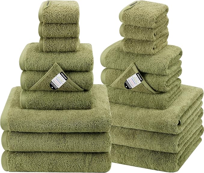 18-Piece Cotton Bath Towel Set with Hanging Loops for Bathroom, Green | Stock-up towel set for family bathrooms, guest baths, multi-bath homes, and wash-day rotation, OEKO-TEX certified, easy care