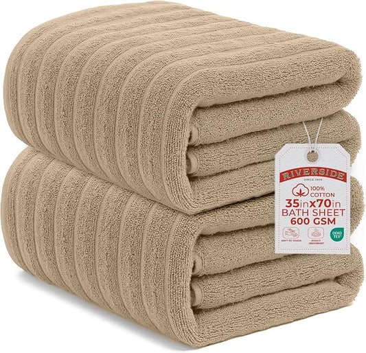 RIVERSIDE Pack of 2 Extra Large Bath Sheet Towels, 35 x 70 Inches, 600 GSM, Ribbed Stripe, 100% Cotton - Super Soft, Highly Absorbent & Quick Dry for Bathroom, Spa & Hotel, Tan