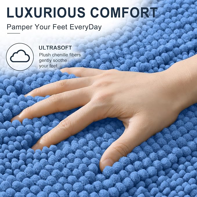 Smiry Thick Chenille Bathroom Runner Rugs 59x24, Absorbent Striped Bath Mat, Machine Washable, Rubber Backing, Extra Long Bath Rugs for Tub & Shower, Modern Home Decor Accessories, Cornflower Blue