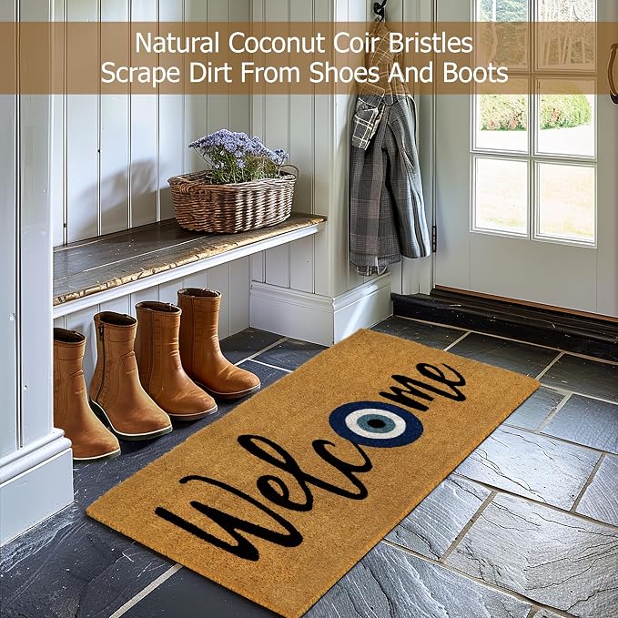 Croft&Cane Welcome Doormat – Extra Wide 17x39 Evil Eye Non Slip Natural Coco Coir Door Mat – Dirt Trapping Indoor Outdoor Large Entryway Rug for Wide Doorways Patio Porch High Traffic Areas
