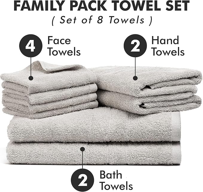 Bath Towels Set of 8 – 100% Cotton (Light Grey) Bathroom Towel Set Bale Includes 2 Bath, 2 Hand, 4 Face Towels – Soft, Absorbent & Quick Dry Towel for Bathroom, Spa, Kitchen, Hotel Use