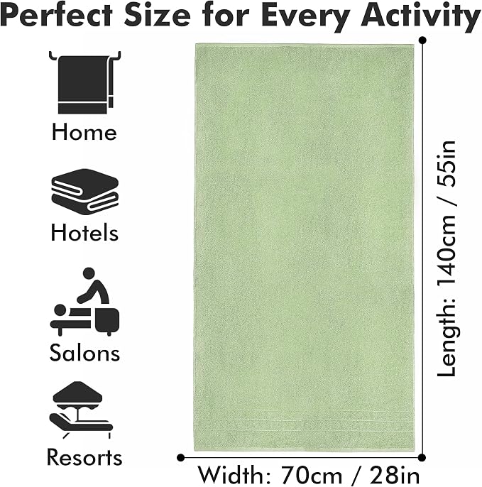 Bath Towels Set of 4 – 100% Ring Spun Cotton Light Green Extra Large Towels for Bathroom, Spa Use (55x28 in) – 550 GSM Super Soft and Quick Dry Large Bath Sheets for Adults