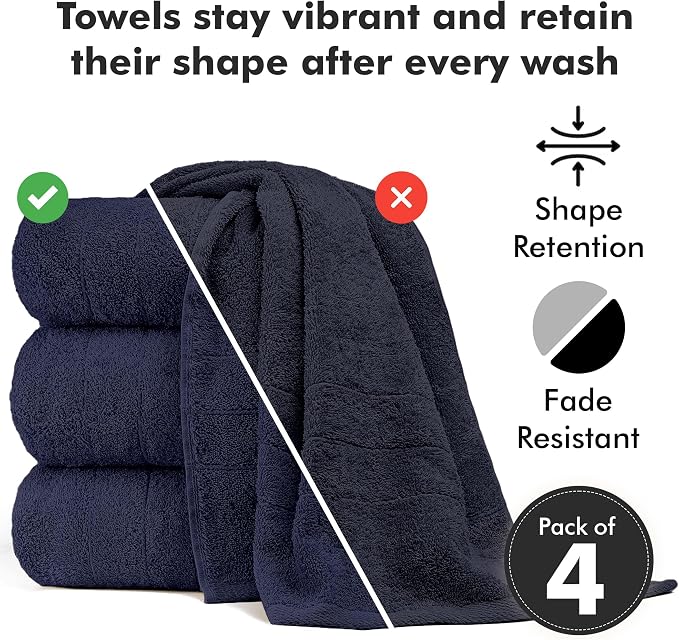 Bath Towels Set of 4 – 100% Ring Spun Cotton Navy Blue Extra Large Towels for Bathroom, Spa Use (55x28 in) – 550 GSM Super Soft and Quick Dry Large Bath Sheets for Adults
