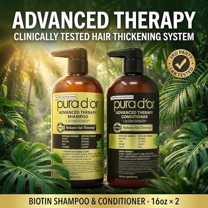 PURA D'OR Advanced Therapy Biotin Shampoo & Hair Regrowth Conditioner Set For Hair Thinning, CLINICALLY TESTED Effective Thickening Results, For Women & Men, Invigorating Forest Scent, 16oz x2