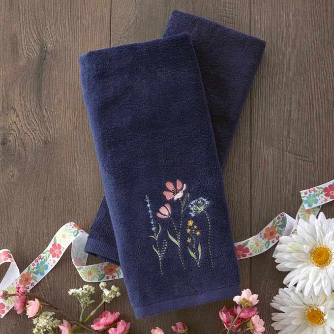 SKL Home Wildflower Field 100% Cotton Embroidered 2pc Hand Towel Set, Decorative for Bath/Kitchen/Bar & Gift, Navy