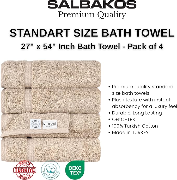 SALBAKOS 100% Turkish Cotton Bath Towels | 4 Piece Turkish Bath Towels Taupe 27x54 in Standard Size | Premium Hotel Quality, Super Absorbent, Thick & Plush Turkish Bath Towel (Taupe, 4 Bath Towels)