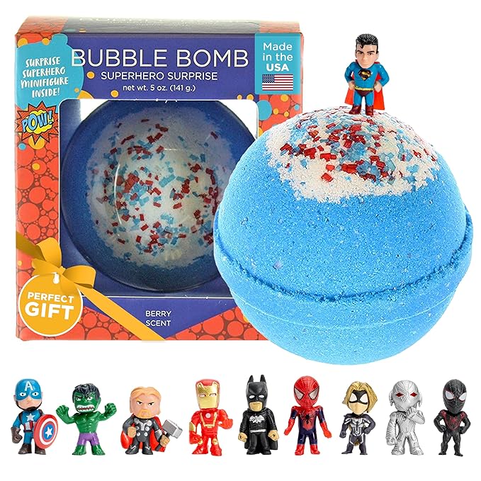 Superhero Bath Bombs for Kids & Boys with Surprise Hero Toys Inside (1 Pack) - Large Bubble Bath Bombs for Boys & Girls - Birthday Gift & Goodie Bags for Kids - Fruity Scent, USA Made by Two Sisters