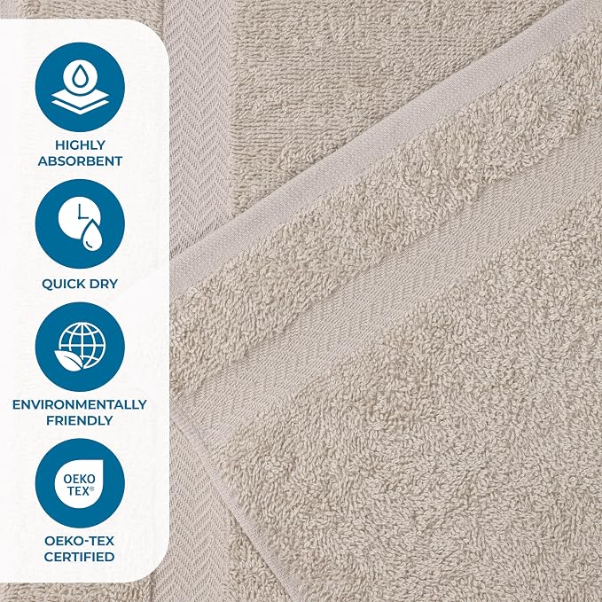 Superior 4-Piece Cotton Bath Towel Set, Towels for Adults, Kids, Fast Drying Body Towels, Shower, Bath, Pool, Guest/Master Bathroom Essentials, Dorm, Home, Apartment, Franklin Collection, Stone