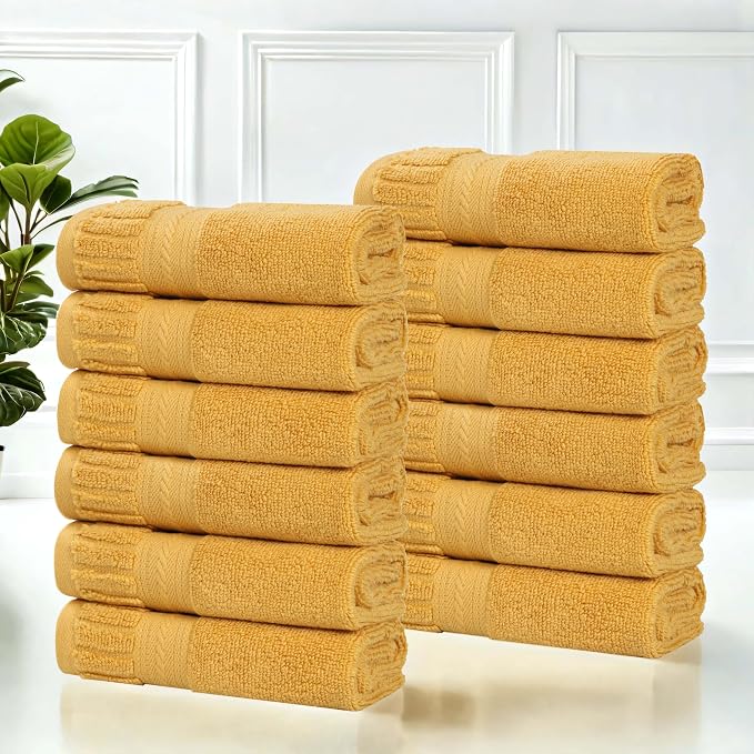Superior Venice Zero Twist Cotton Medium Weight Small Towels, for Kitchen, Bathroom, Shower, Spa, Plush Essentials, Ribbed Textured Border, Face Towels Washcloths, Set of 12, Gold