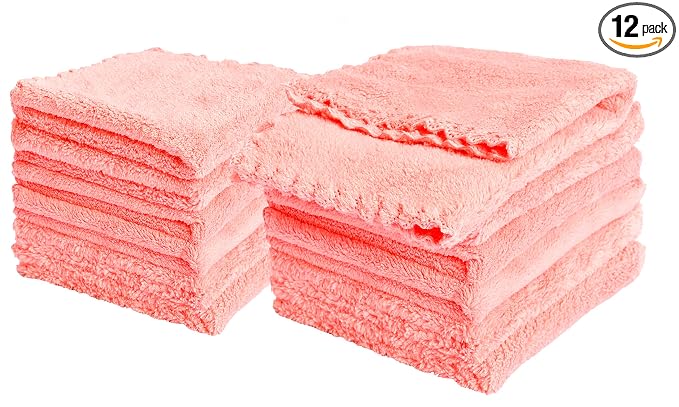 Kyapoo Baby Washcloths 12 Pack 12x12 Inches Microfiber Coral Fleece Extra Absorbent and Soft for Newborns, Infants and Toddlers-Pink
