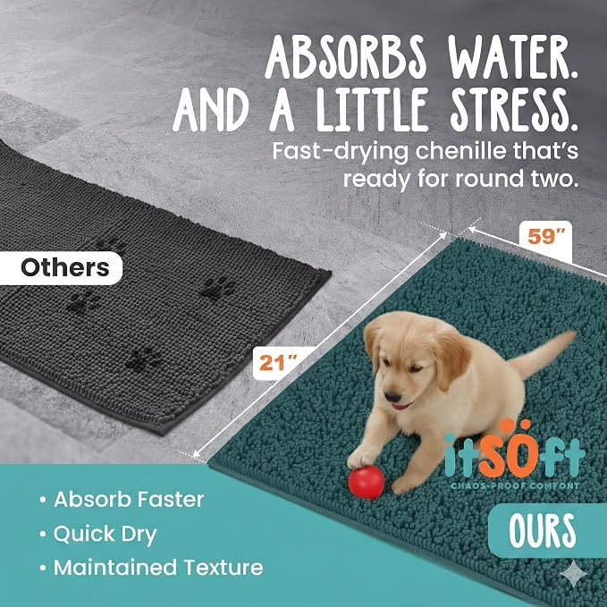 Dog Rugs for Muddy Paws 59x21 | Cleaner Mud Free Floors | Muddy Dogs Mats for Indoor, Dog Mat for Muddy Paws Door Mat Washable, Absorbent Chenille Mud Room Rug Paw Matt w/ Non Slip Backing, Teal