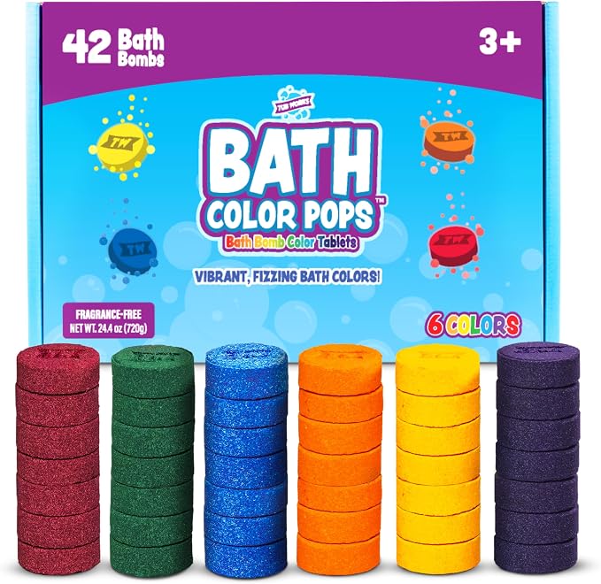 Tub Works® Bath Color Pops™ Moisturizing Kids Bath Bombs, 42 Count | Bath Bomb Refills for Bath Color Brush | Nontoxic & Fragrance-Free | 6 Unique Colors | Fizzy, Vibrant Water Color Tablets