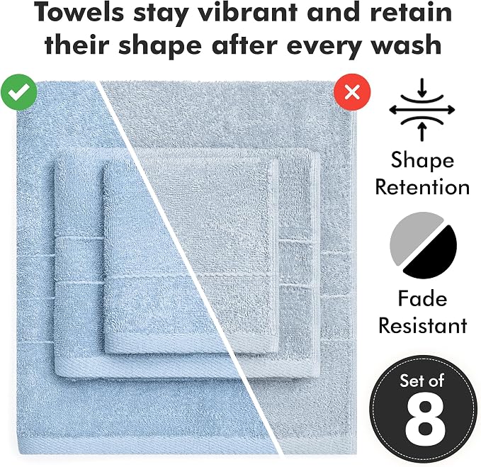 Bath Towels Set of 8 – 100% Ring Spun Cotton (Sky Blue) Bathroom Towel Set Bale Includes 2 Bath, 2 Hand, 4 Face Towels – 550 GSM Soft, Absorbent & Quick Dry Towel for Bathroom, Spa, Kitchen, Hotel Use
