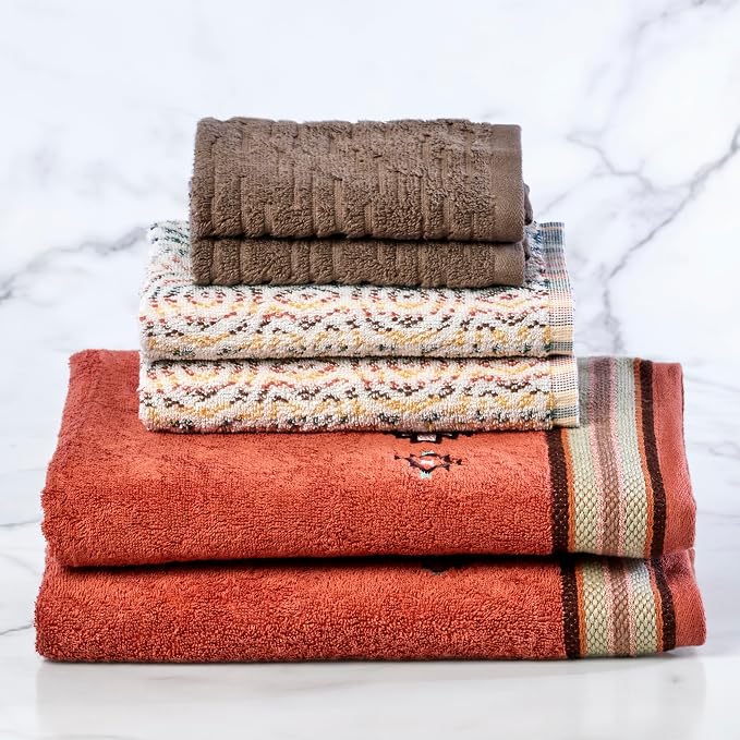 SKL Home Southwest Sunset/Rhapsody 100% Cotton Premium 6-Piece Towel Set for Airbnb, Vacation Homes, Southwestern Décor - 550 GSM, Soft & Absorbent - 2 Bath Towels, 2 Hand Towels, 2 Washcloths, Rust
