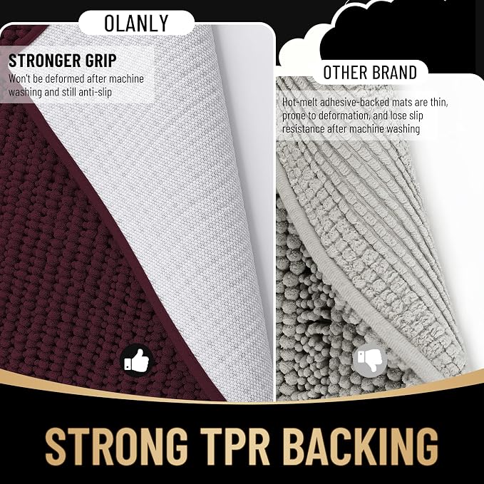OLANLY Thick Bathroom Rugs 30x20, Extra Soft Absorbent Chenille Bath Rugs, Rubber Backing, Machine Wash Dry, Bath Mats for Bathroom Floor, Tub and Shower, Home Decor Accessories, Black Cherry