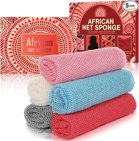 5 Pieces African Net Sponge – Deep Cleansing & Exfoliating Mesh for Glowing Skin – Stretchable, Quick-Dry Material for Daily Shower Use (Pink, Blue, Red, Gray, White)