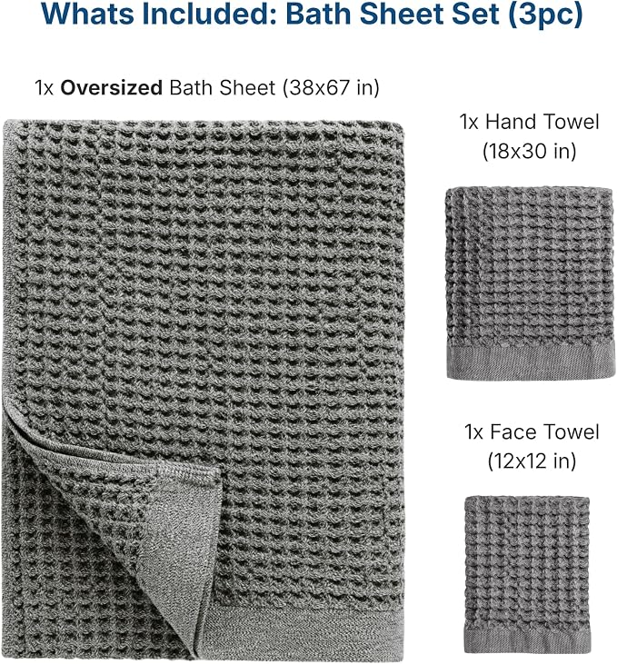 ONSEN Supima® Waffle Bath Sheet Set, Quick Dry Lint Free 100% USA Cotton, Large Bath Sheet Hand and Face Towel Bundle, 3 Piece (Cinder Grey, Bath Sheet Set)
